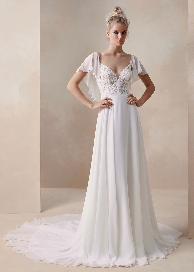 Elma by Elly Bride | Minimalist A-line Wedding Dress, Flutter Sleeves, Modern Lace Bodice, Front View | The Laid Back Bride