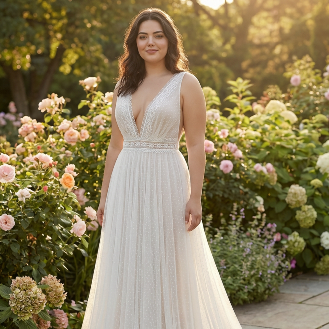Woman wearing a boho style a-line wedding dress in a garden setting.