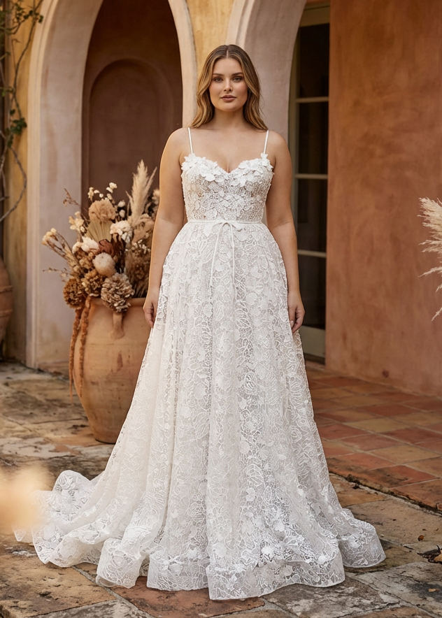 Aeris gown with all over lace and 3D flowers, shown on an AU size 18 model in a front view against a rustic villa backdrop.
