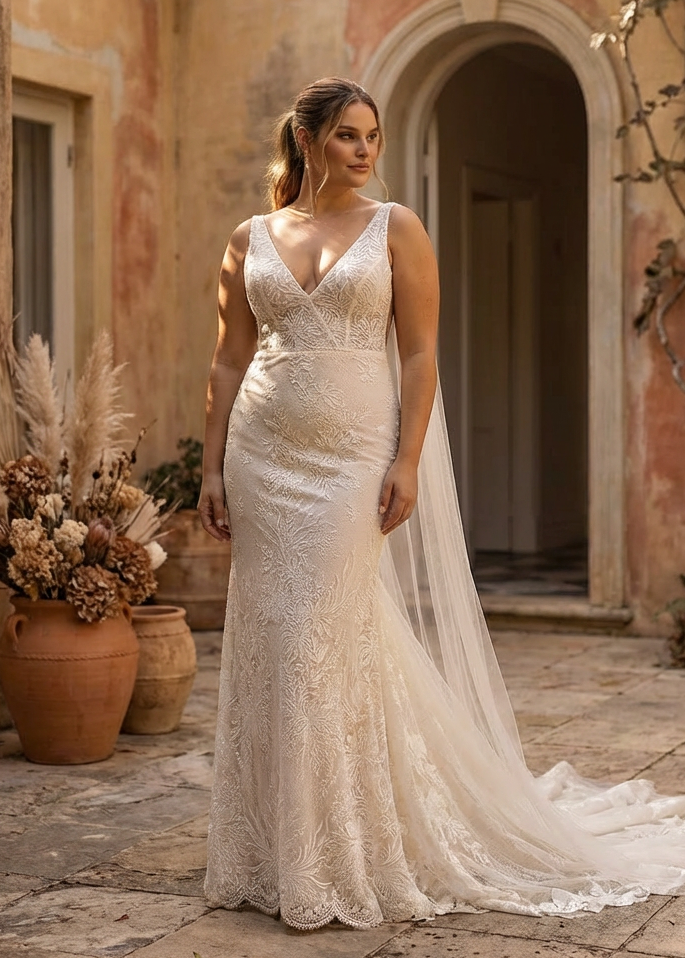 Bruna by Elly Bride fitted lace wedding dress available at The Laid Back Bride Australia