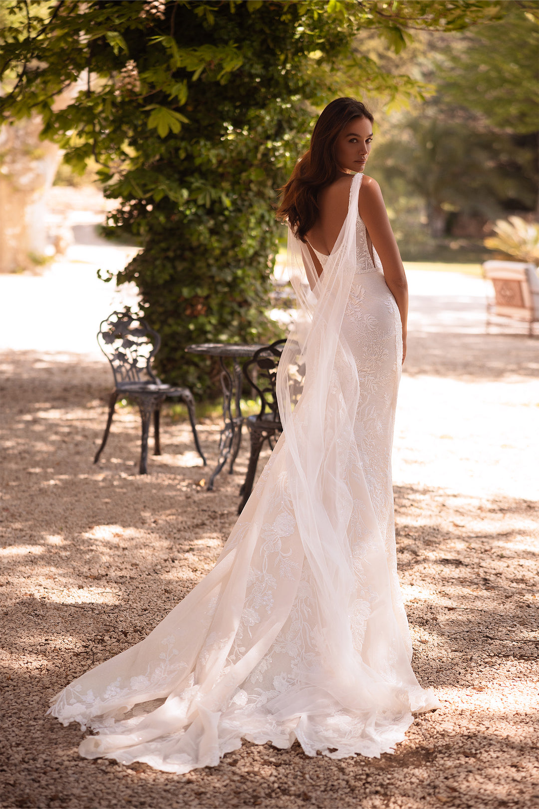 Bruna by Elly Bride | All-over Lace Mermaid Wedding Dress, Curved Back, Tulle detail, Back View | The Laid Back Bride