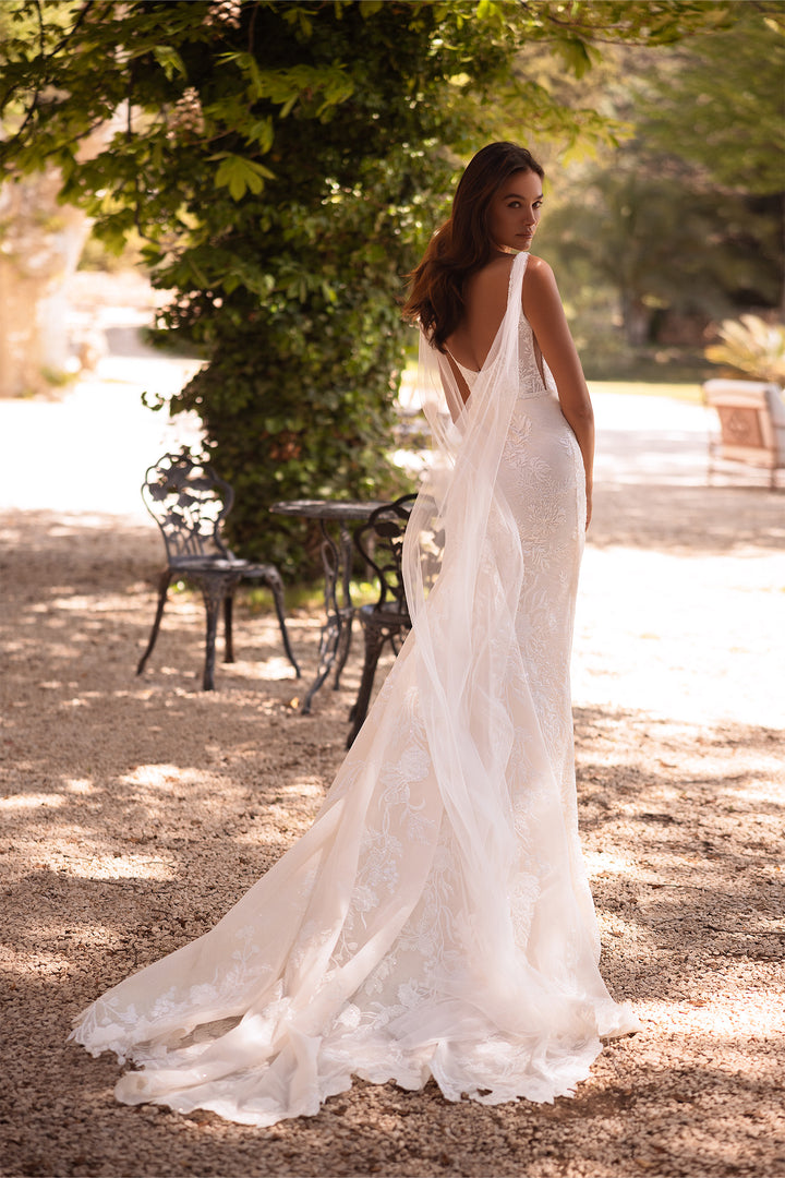 Bruna by Elly Bride | All-over Lace Mermaid Wedding Dress, Curved Back, Tulle detail, Back View | The Laid Back Bride