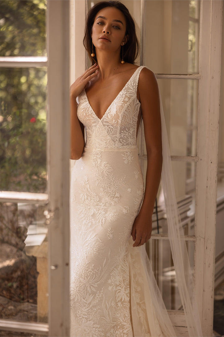 Bruna by Elly Bride | All-over Lace Mermaid Wedding Dress, V-neck, Sheer Side Panels, Front View Up Close | The Laid Back Bride