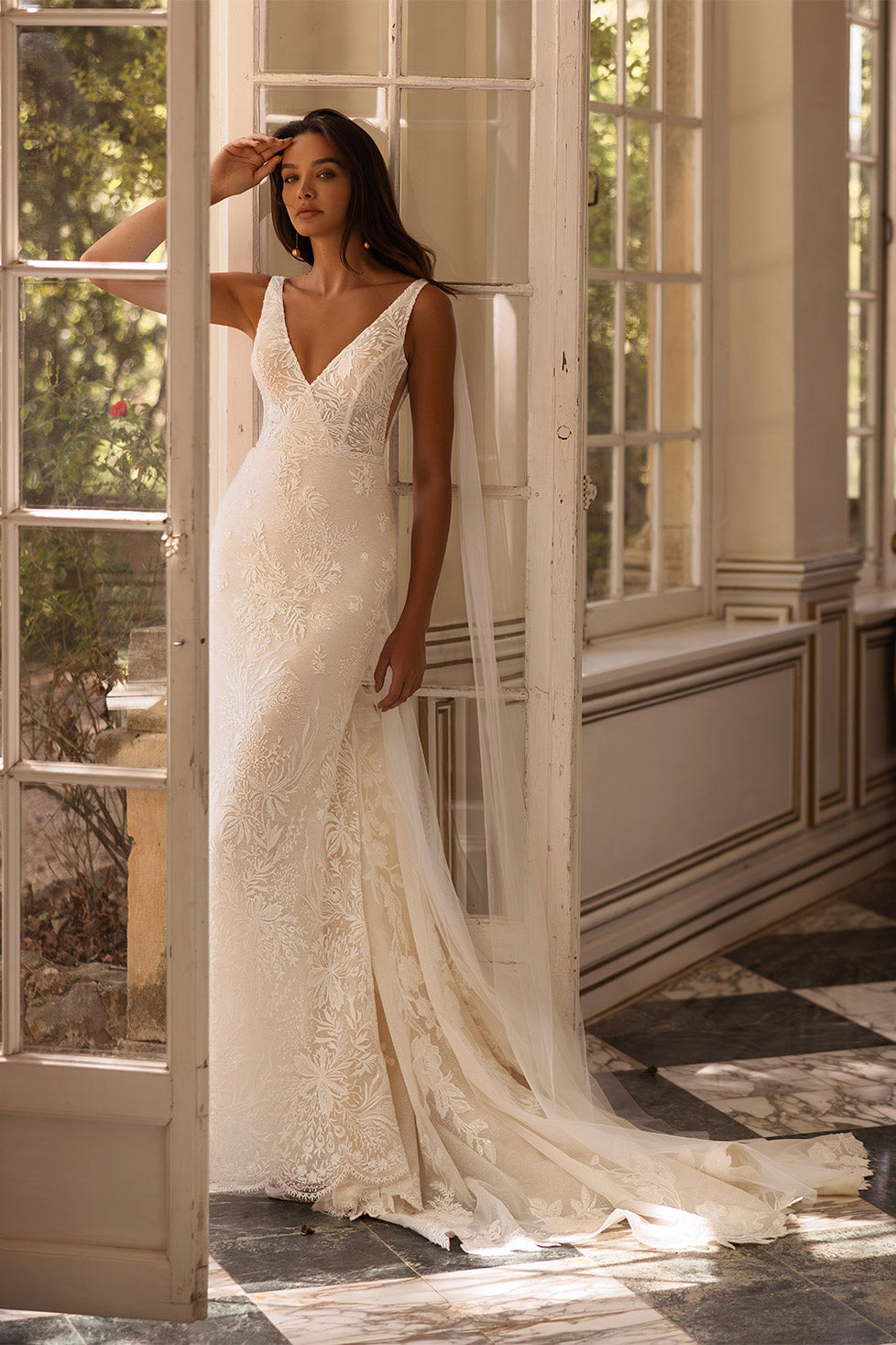 Bruna by Elly Bride | All-over Lace Mermaid Wedding Dress, V-neck, Front View | The Laid Back Bride