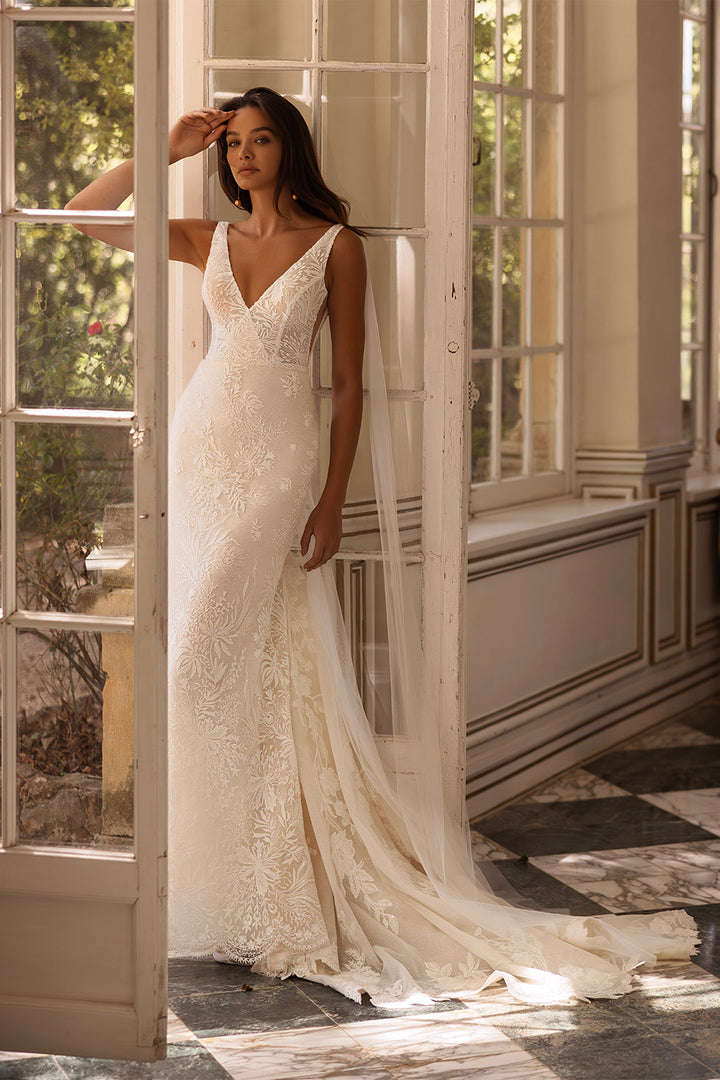 Bruna by Elly Bride | All-over Lace Mermaid Wedding Dress, V-neck, Front View | The Laid Back Bride