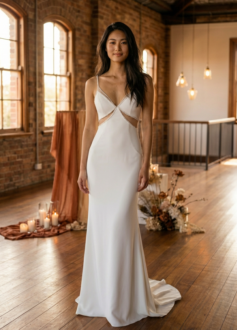 Woman in a fitted satin wedding dress standing in a rustic indoor setting with candles and flowers.