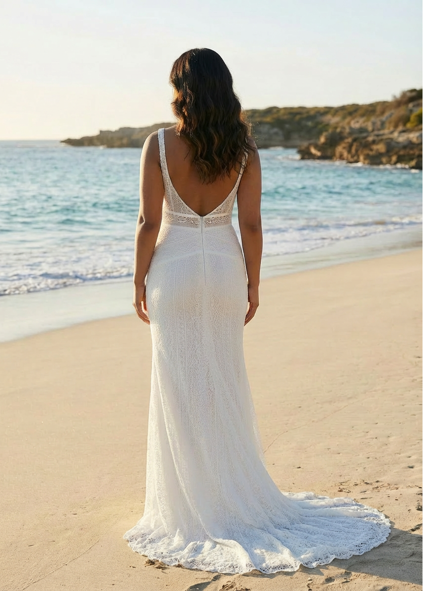 Woman in a lace wedding dress with a low back, standing on a beach with ocean and sky in the background.