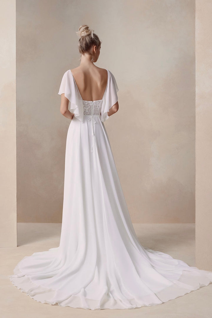 Elma by Elly Bride | Minimalist A-line Wedding Dress, Open Back, Modern Lace Bodice, Flutter Sleeves, Back View | The Laid Back Bride