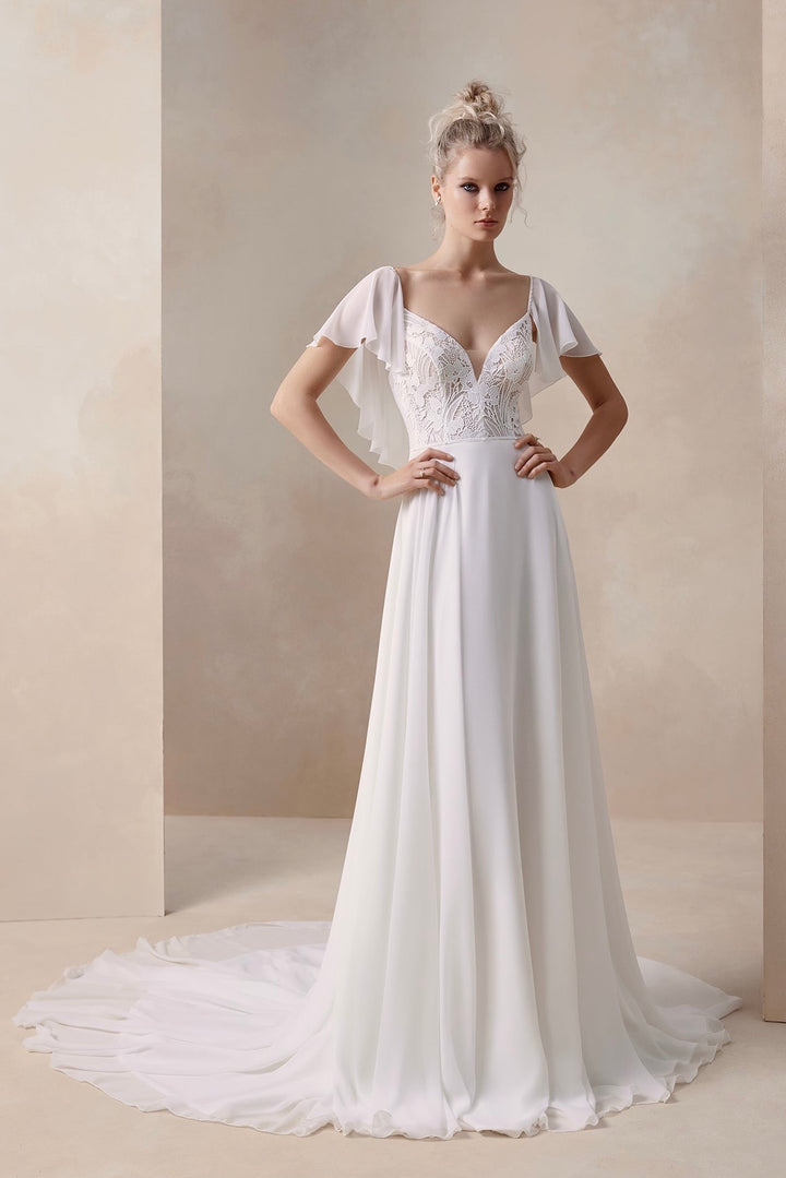 Elma by Elly Bride | Minimalist A-line Wedding Dress, Flutter Sleeves, Modern Lace Bodice, Front View | The Laid Back Bride