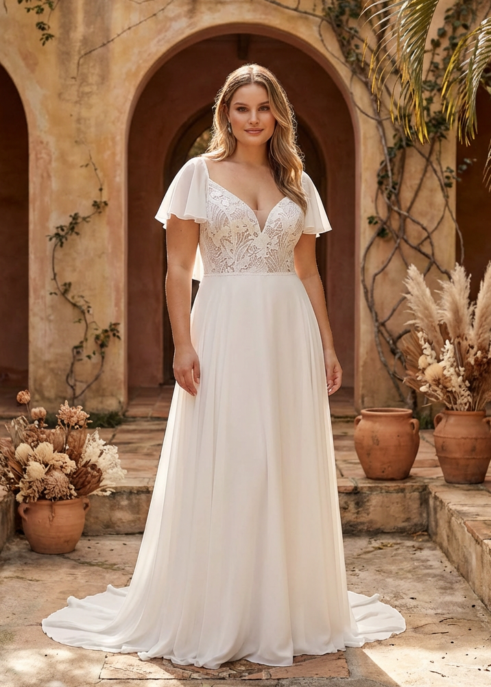 Woman in a chiffon a-line wedding dress with a modern lace bodice, standing in an outdoor setting with arches and potted plants.