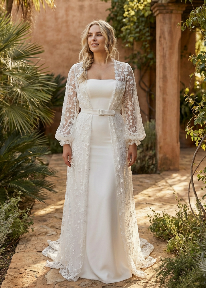 Woman in a strapless satin mermaid wedding dress with a sheer botanical robe with sleeves and belt in a garden setting.