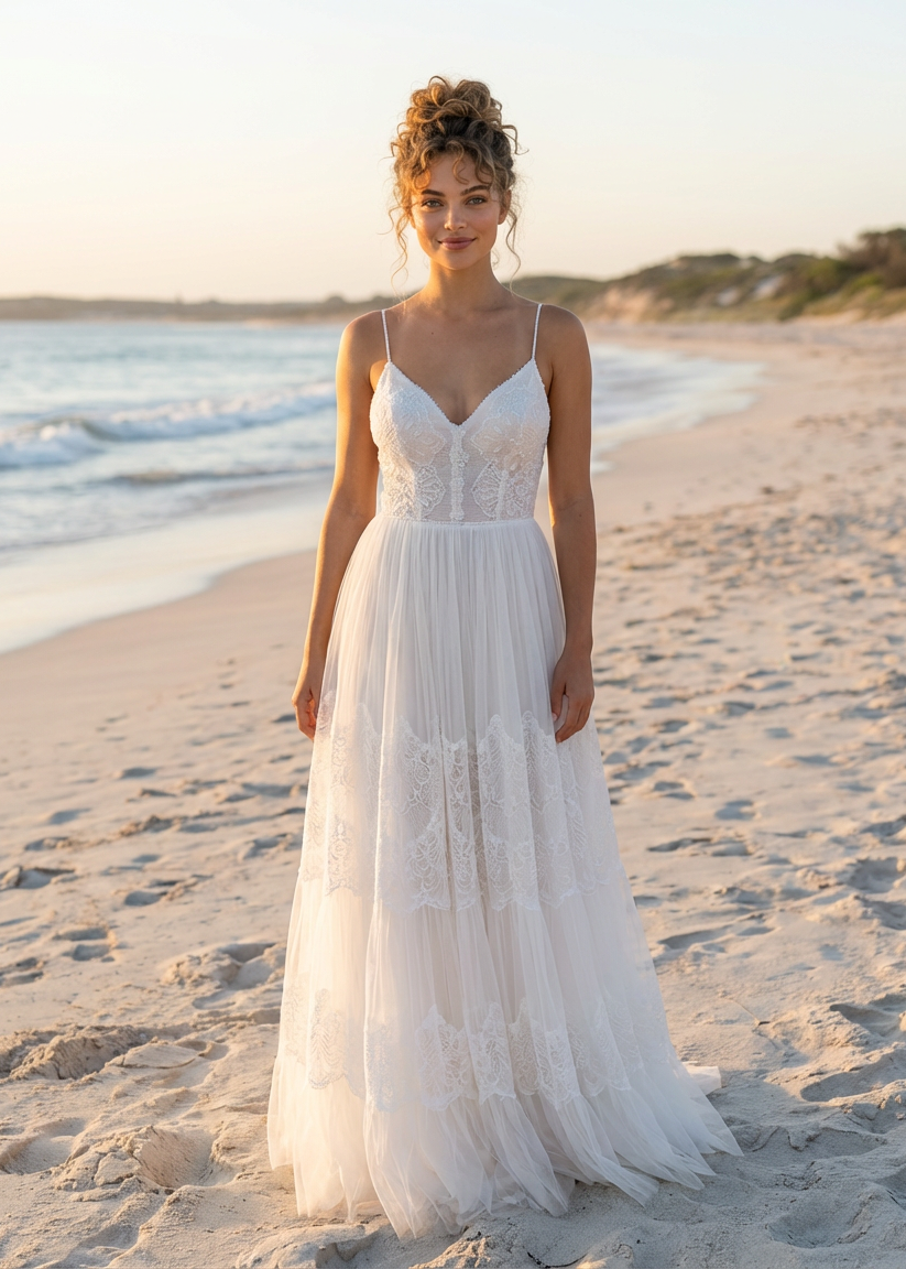 Woman in an a-line spaghetti strap lace and tulle wedding dress standing on a beach at sunset.