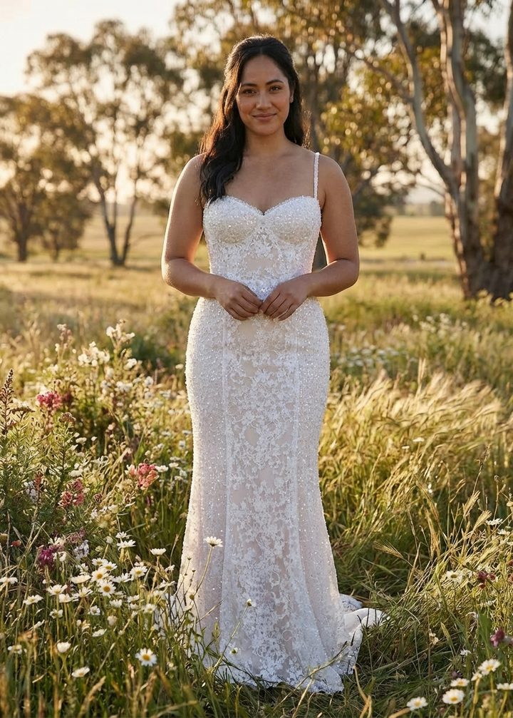 Woman in a fitted beaded lace wedding dress with spaghetti straps standing in a field with wildflowers and trees in the background.