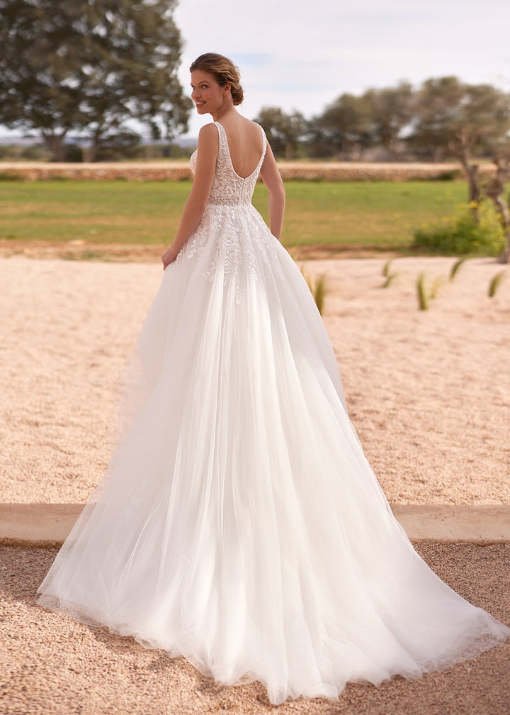 Harper by Elly Bride | Ethereal A-line Wedding Dress, Full skirt, Curved back, Botanical lace detailing, Back View | The Laid Back Bride