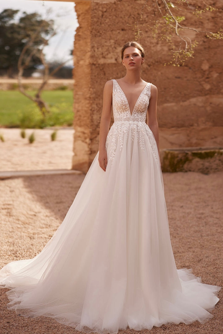 Harper by Elly Bride | Ethereal A-line Wedding Dress, Plunge v-neckline, Botanical lace detailing, Front View | The Laid Back Bride