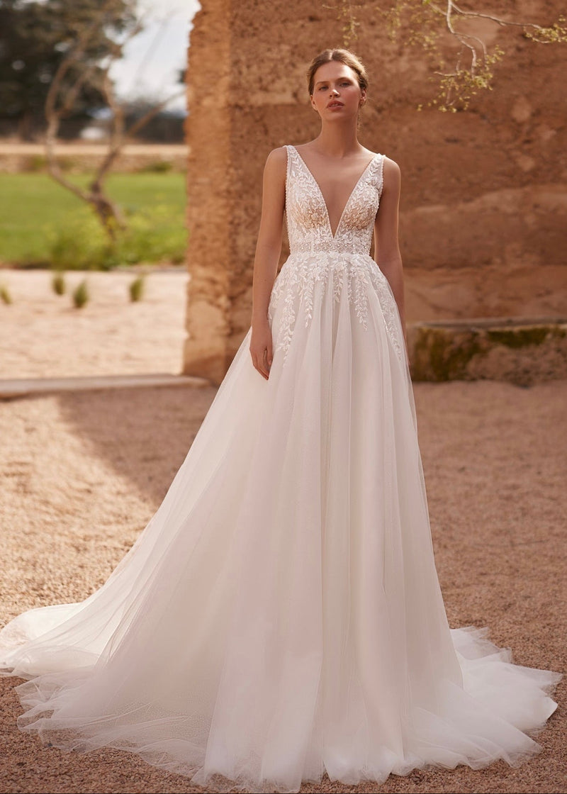 Harper by Elly Bride | Ethereal A-line Wedding Dress, Plunge v-neckline, Botanical lace detailing, Front View | The Laid Back Bride