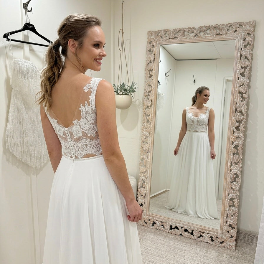 Woman in a white lace dress standing in front of a decorative mirror.
