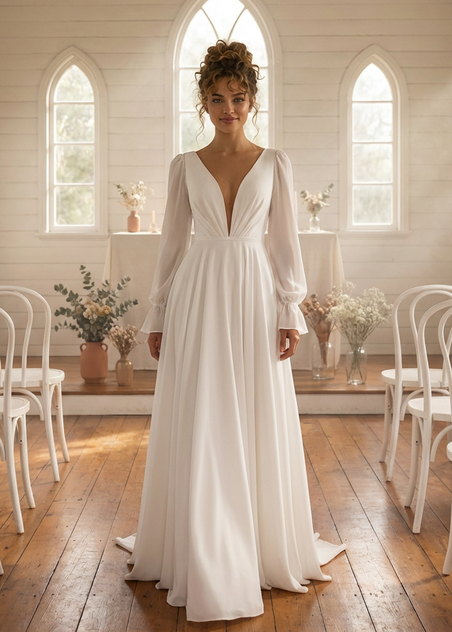 Woman in a white long sleeve wedding dress standing in a country chapel setting with wooden floors and large windows.