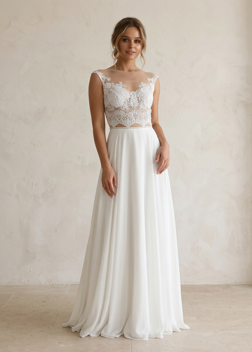 Woman wearing a white wedding dress with a sheer lace top and soft chiffon skirt, standing in front of a warm studio backdrop.