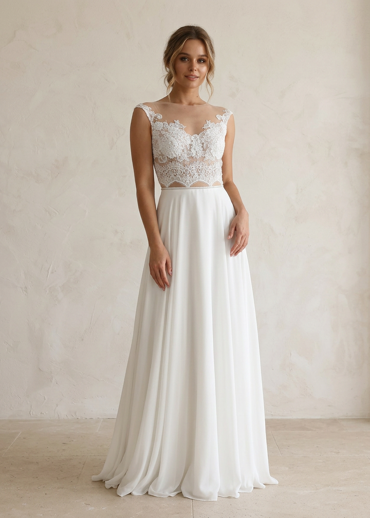Woman wearing a white wedding dress with a sheer lace top and soft chiffon skirt, standing in front of a warm studio backdrop.
